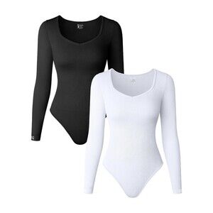 OQQ Two Piece Bodysuits Medium Slimming Ribbed One Piece V-Neck Long Sleeve NEW